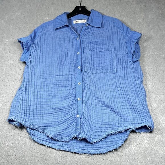 Free People Shirt Womens XS Blue Cotton Gauze Button Oversized Blouse Boho - Picture 1 of 10